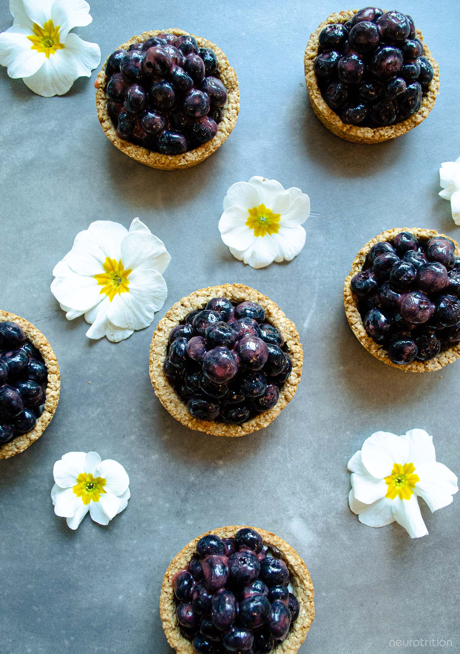 Fresh Mini Blueberry Pie Recipe Looking down on six mini blueberry pies placed in a grid with little white and yellow flowers in between the pies.